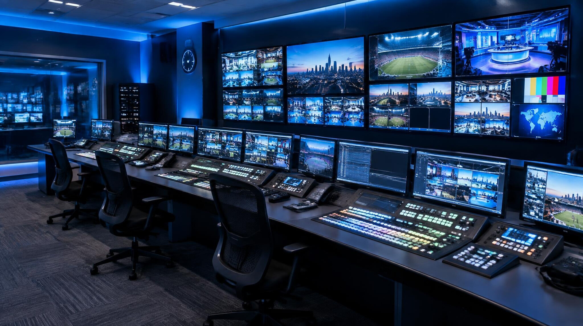 Wide view of a modern television broadcast control room with rows of monitors
