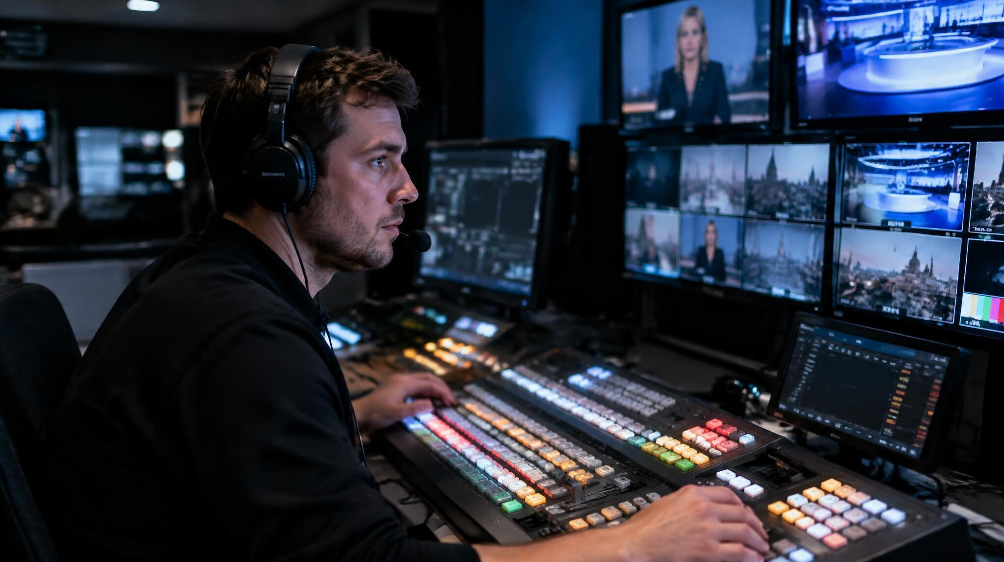 British broadcast technician operating a video switcher in a television control room
