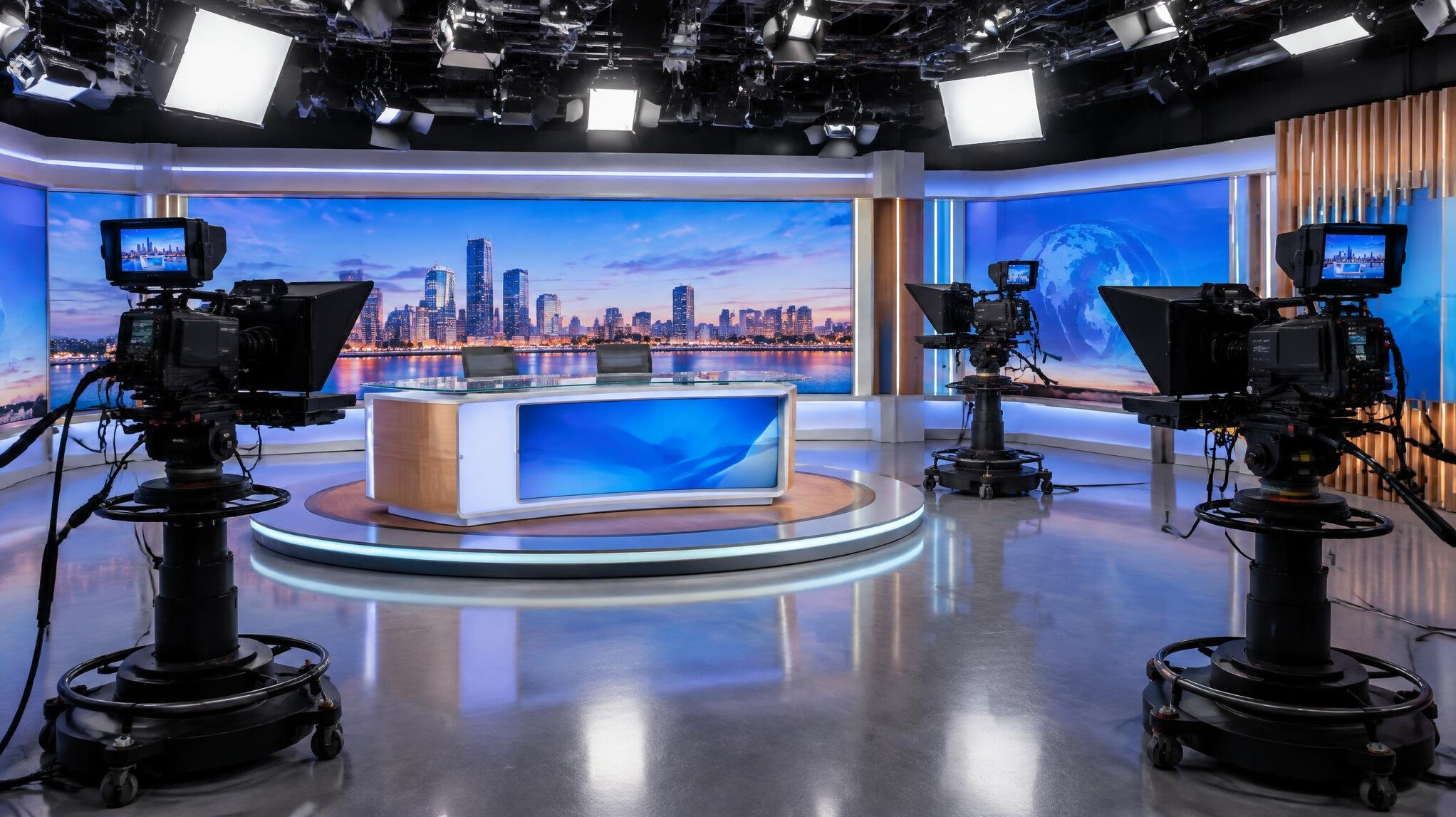 Television studio set with multiple broadcast cameras around a presenter desk